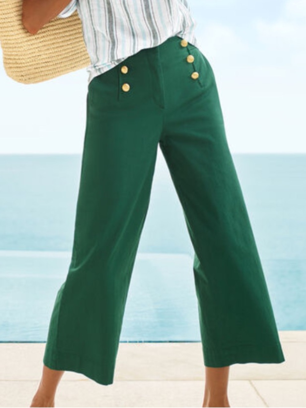 Talbots Women 16 Green Buttons Mid Rise Cotton Slub Sailor Wide Leg Crop Pants
